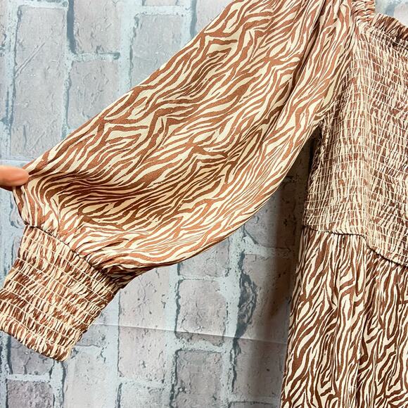 River Island Womens 100% Viscose Size 10 Brown Animal Print Shirred Midi Dress - Picture 8 of 13